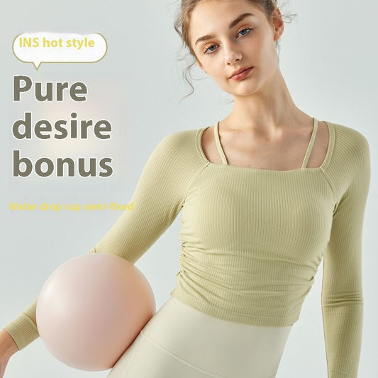 Pure Desire Style Yoga Long-sleeved Women's Autumn And Winter Semi-fixed Cup Spaghetti Strap Sports T-shirt
